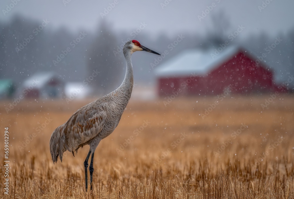 Obraz premium Graceful heron standing in a golden field with a rustic barn and cloudy sky backdrop