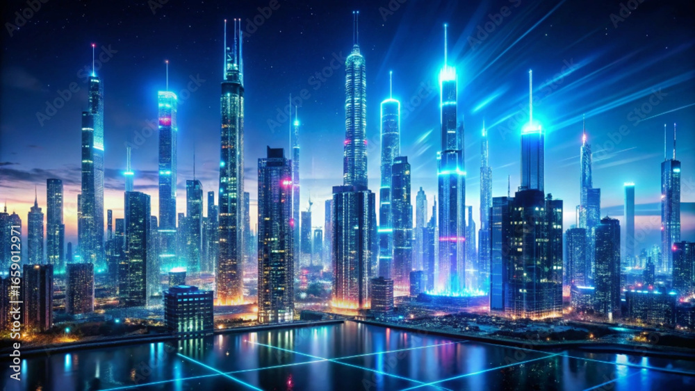 Obraz premium Futuristic cityscape with sleek skyscrapers and neon lights at dusk