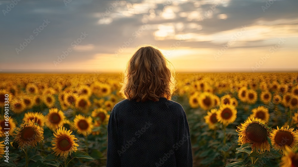 Fototapeta premium A person gazes out over a vast sunflower field at sunset.