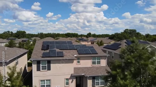 Aerial View of Suburban Homes with Solar Panels on Rooftops Under Cloudy Sky