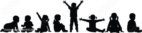 Silhouette of children in various poses, crawling, sitting, standing, playing, growth stages, child development, parenting, educational content, toddlers