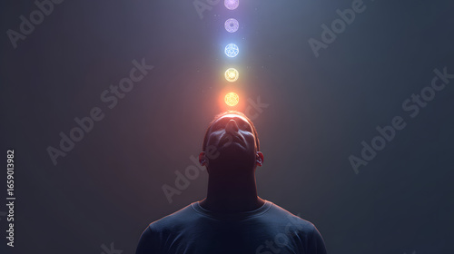 Chakras aligning above a person s head, symbolizing a harmonious balance of thoughts and emotions, chakra mind, emotional balance