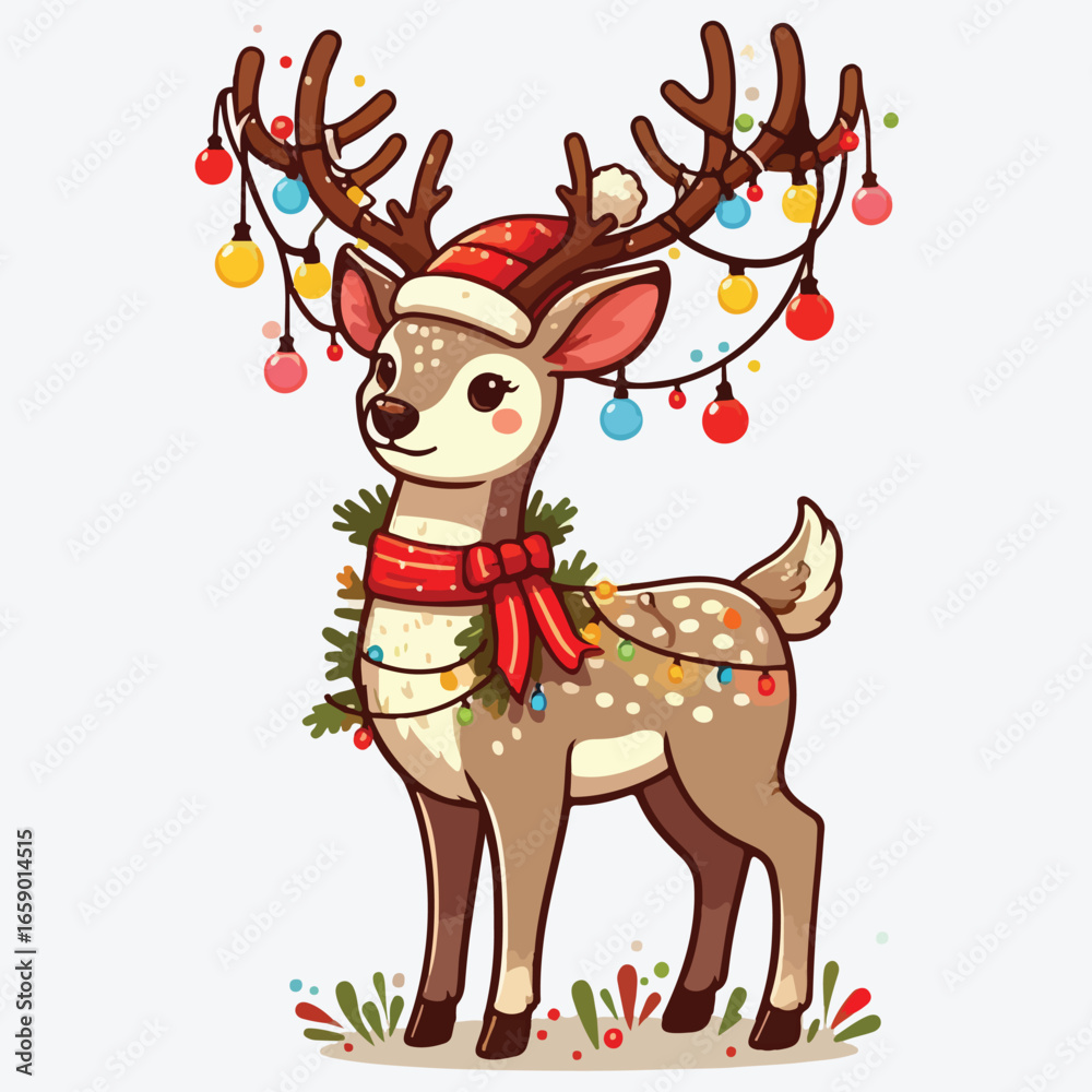 Naklejka premium Christmas deer. Cartoon reindeer with new year lights garland. stock illustration