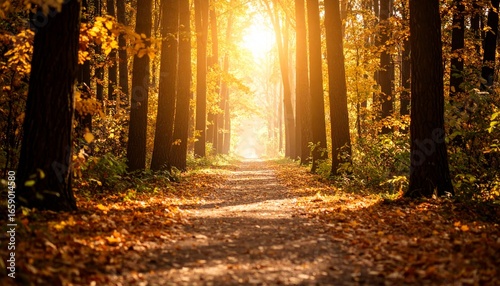 秋の森の小道と光のミニマル風景
