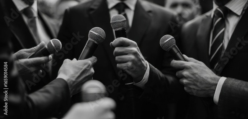 Group of Business Professionals in Formal Attire Engaged in a Press Conference or Media Interview