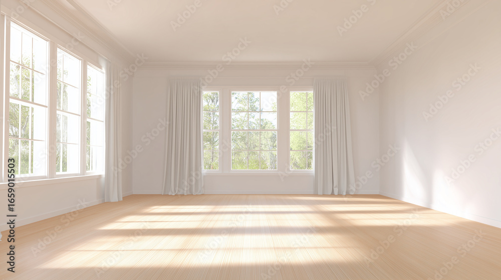 Obraz premium A minimalist living room with clean lines, white walls, and wooden floors, exuding simplicity.