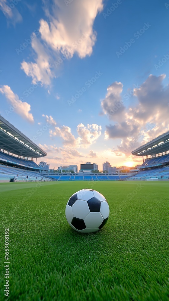 Fototapeta premium Soccer Ball on Green Artificial Grass in Stadium at Sunset