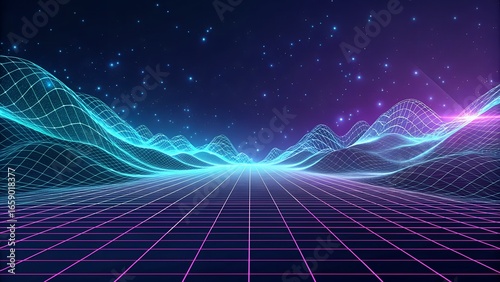 High-Tech Abstract Grid Background with Luminous Waveforms, Radiant Light Streams, and Glowing Particles Representing Connectivity