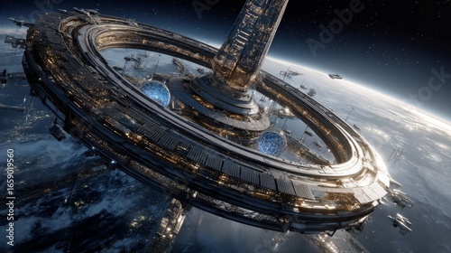Fototapeta Naklejka Na Ścianę i Meble -  Futuristic Orbital Space Station Floating Above Earth