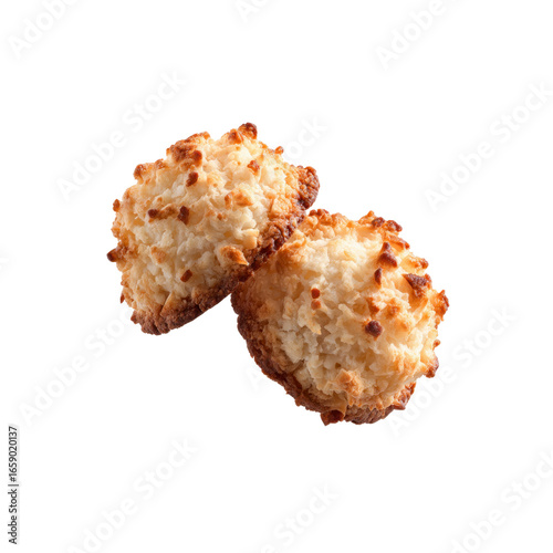 Delicious Coconut Macaroons, Sweet Treats, Two Homemade Cookies Isolated on Black Background