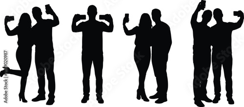 Silhouette, people, taking, selfies, smartphone, photography, group, poses, individual, fun, social, media, black, white, background, modern, communication, friends, couple, moments