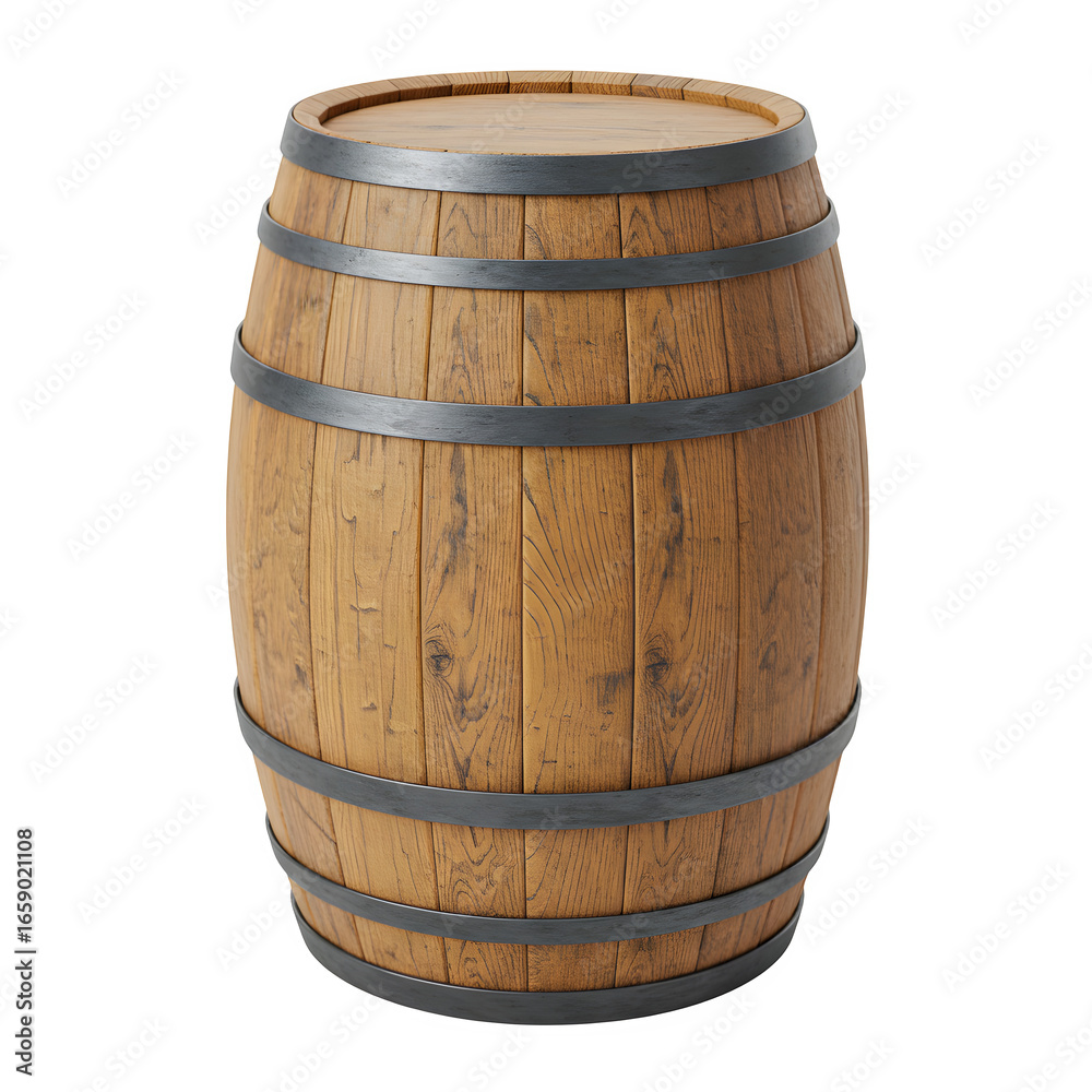 Obraz premium Wooden Barrel with Metal Hoops, Classic Rustic Storage Container, Isolated on White or Transparent Background
