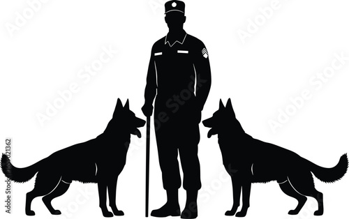 Silhouette, police officer, German Shepherd, K9 unit, security, law enforcement, patrol, canine handler, teamwork, protection, black and white, illustration, dog training, police dogs