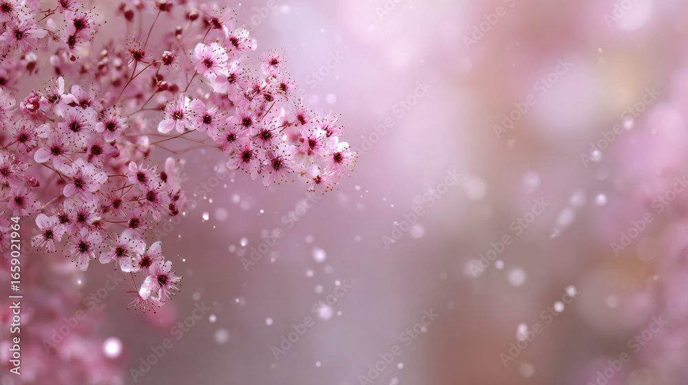 Fototapeta premium Soft pink flower blossoms create peaceful spring background. Dreamy bokeh light sparkles