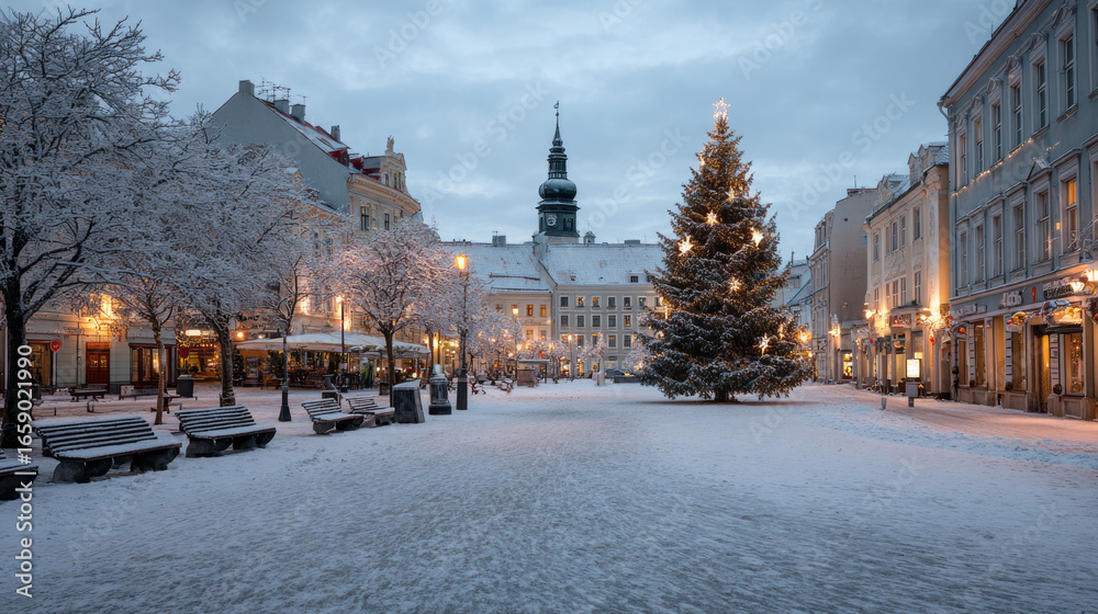 Fototapeta premium Festive Christmas tree brightens snowy town square on beautiful winter evening