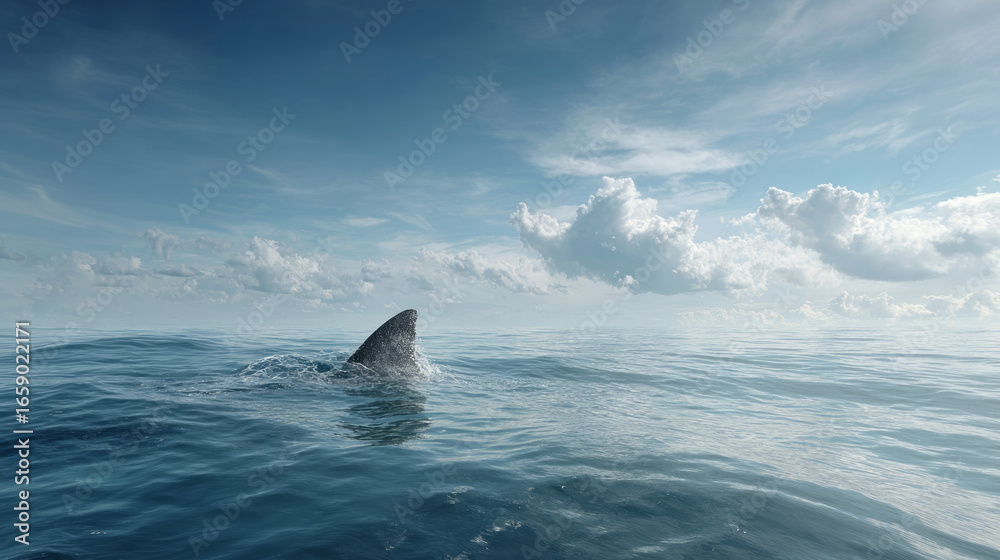 Fototapeta premium Large shark fin cuts through calm ocean water, evoking danger and natural beauty