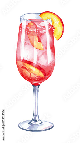 Watercolor Illustration of Classic Bellini Cocktail – Peach and Prosecco Drink