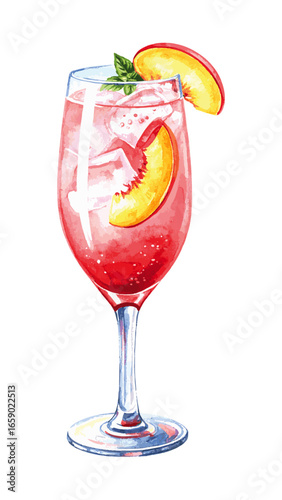 Watercolor Illustration of Classic Bellini Cocktail – Peach and Prosecco Drink