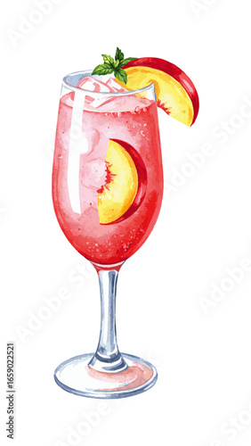 Watercolor Illustration of Classic Bellini Cocktail – Peach and Prosecco Drink