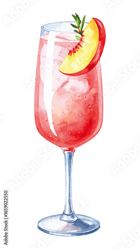 Watercolor Illustration of Classic Bellini Cocktail – Peach and Prosecco Drink