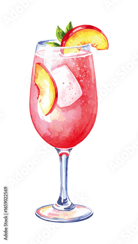 Watercolor Illustration of Classic Bellini Cocktail – Peach and Prosecco Drink