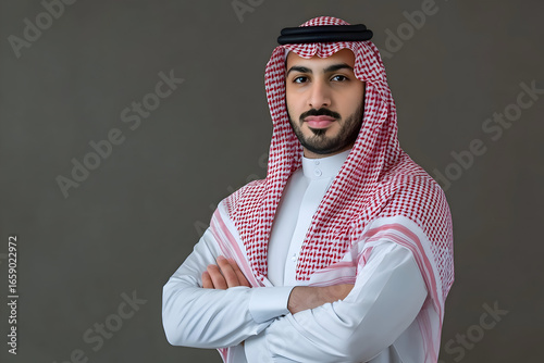 Handsome Middle Eastern Saudi Arabian man wearing traditional Saudi clothing (thobe and shemagh)