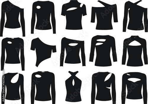 Collection of black long sleeve tops with unique cutouts and asymmetrical necklines displayed on white background