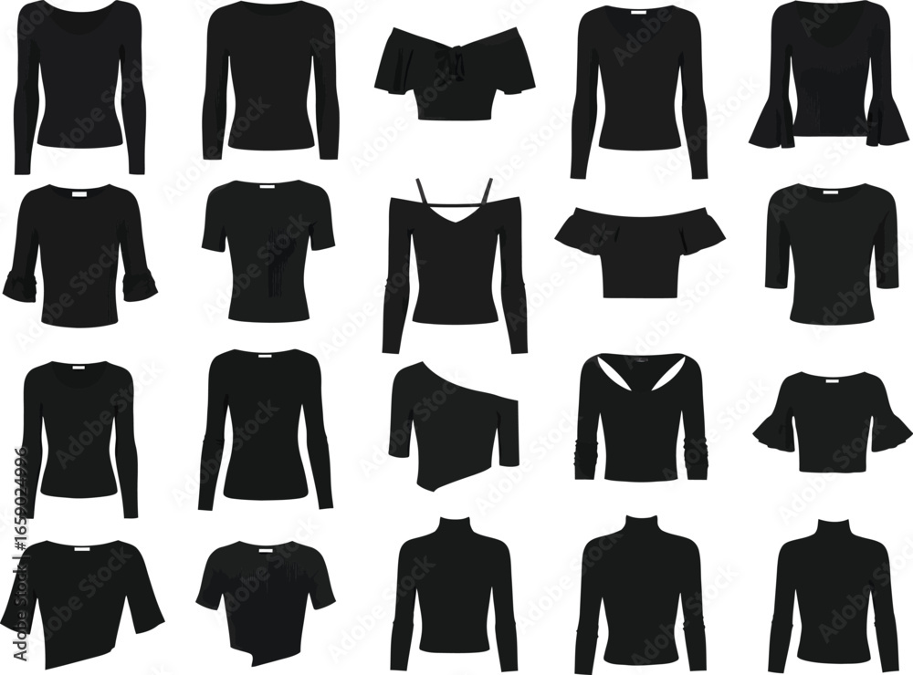 Collection of diverse black women s tops and blouses showcasing various necklines and sleeve styles on a white background Collection of diverse black women s tops and blouses showcasing various necklines and sleeve styles on a white background