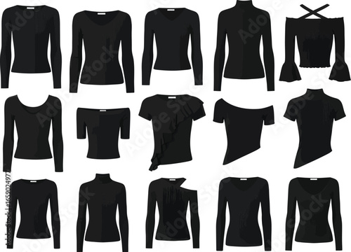 Collection of stylish black long sleeve tops and sweaters showcasing diverse necklines and sleeve details for women