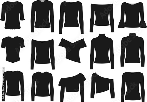 Collection of stylish black long sleeve tops with varied necklines and sleeve details for modern women s fashion