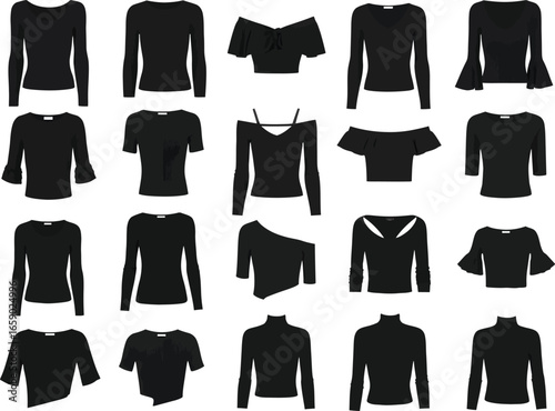 Collection of diverse black women s tops and blouses showcasing various necklines and sleeve styles on a white background