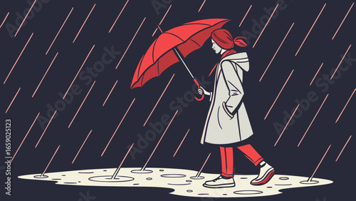 Beautiful silhouette of a woman in a red dress with an umbrella on a rainy autumn day