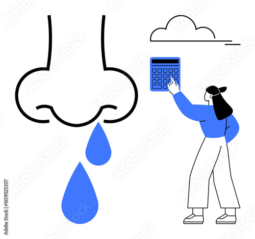 Woman wearing blue interacting with a calculator. Large nose with blue droplets, suggesting nasal issues. Ideal for health, allergy analysis, treatment concepts, medical research, awareness