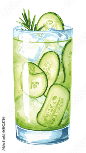 Watercolor Illustration of Cucumber Gin Cocktail