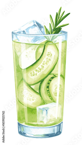 Watercolor Illustration of Cucumber Gin Cocktail