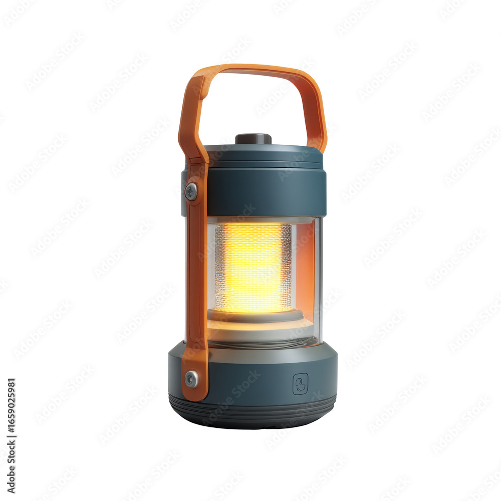 Naklejka premium Portable lantern with bright yellow light, ideal for camping and outdoor activities. Its durable design features sturdy handle for easy carrying and modern aesthetic