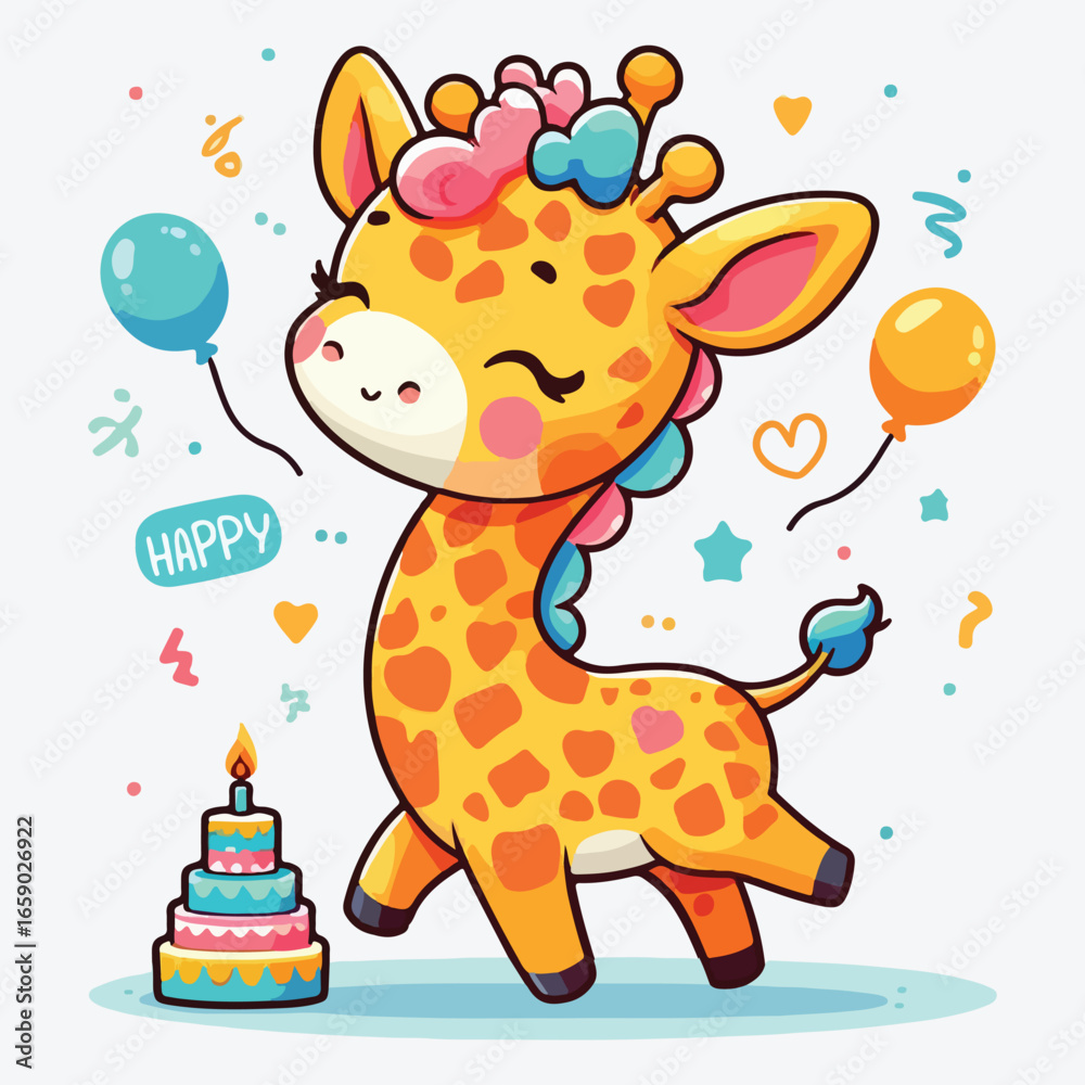 Naklejka premium Cute giraffe calf illustration image. Use it for happy birthday invitation cards, children's book covers, banner, poster. Flat vector illustration. stock illustration
