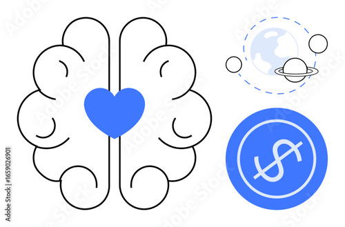 Brain with heart at center linked to planet and dollar coin themes. Highlights emotional intelligence, global thinking, financial planning, innovation, decision-making, creativity, and societal