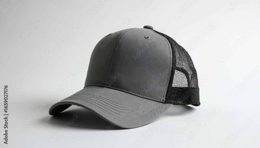 Obraz premium Gray trucker hat studio shot. Features mesh back panel for breathability. Durable synthetic fabric, adjustable strap for custom fit. Unisex style, suitable for everyday wear, sports, outdoor