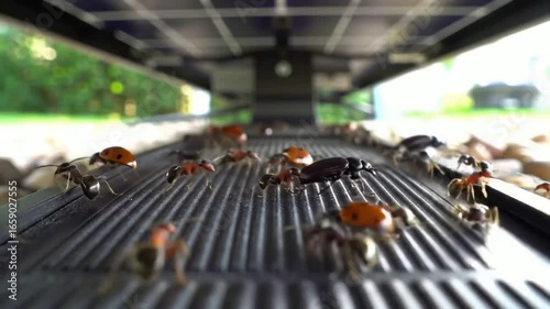 Ants and Ladybugs Crawling on a Solar Panel CloseUp View of Insect Activity