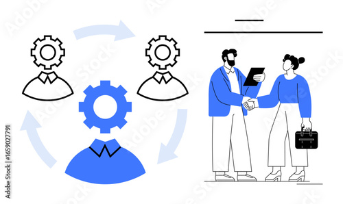 Gears connecting profiles signify workflow business teammates handshake with documents and briefcase. Ideal for teamwork, collaboration, partnership, workflow management, business process