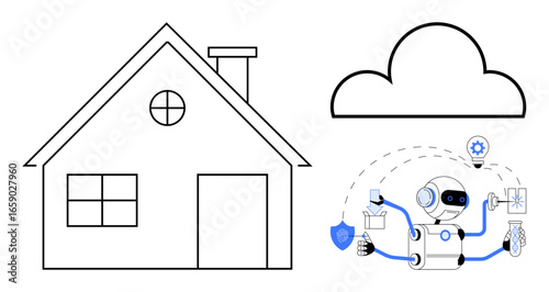 House, cloud symbol, and AI robot juggling tasks thumbs up security, energy, and connectivity. Ideal for technology, AI, home automation security innovation IoT cloud. Simple flat metaphor