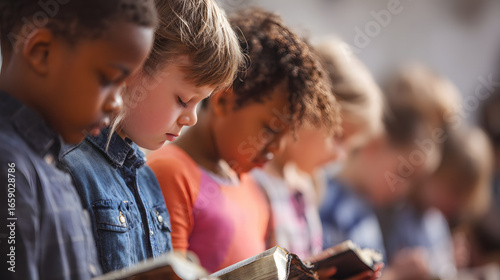a of children in a Sunday school class, each holding a Bible and bowing their heads in prayer, Backgrounds, People, Praying, Heaven, Religion, Bible, with copy space