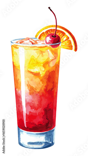 Watercolor Illustration of Tequila Sunrise Cocktail