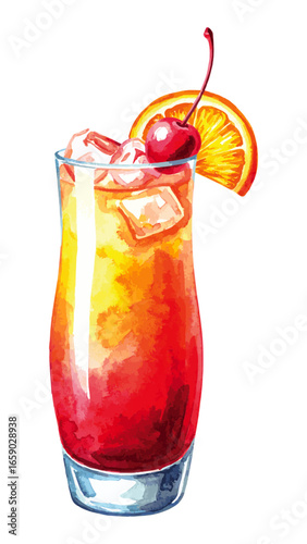 Watercolor Illustration of Tequila Sunrise Cocktail