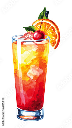 Watercolor Illustration of Tequila Sunrise Cocktail