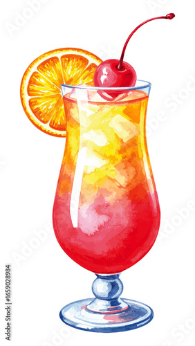 Watercolor Illustration of Tequila Sunrise Cocktail