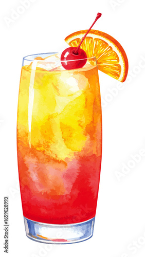 Watercolor Illustration of Tequila Sunrise Cocktail