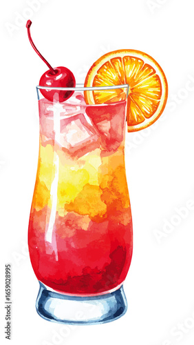 Watercolor Illustration of Tequila Sunrise Cocktail