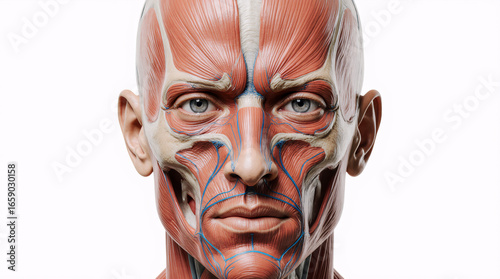 A realistic mask-style view of the face layers, showing muscles, nerves, and veins for scientific illustration purposes